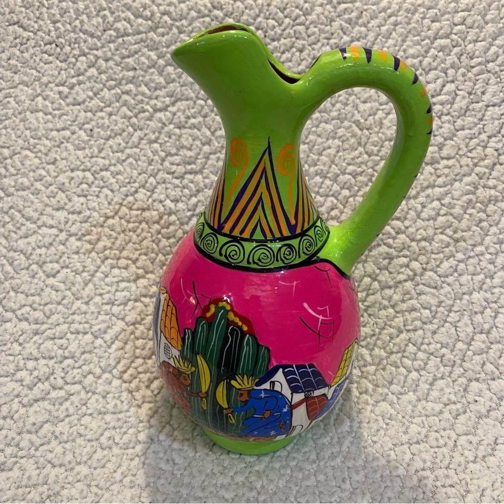 Red Clay Handpainted 10” Mexico Pottery Pitcher